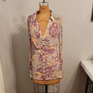 Free People Purple and Cream Floral Button-Down Mini Dress or Shirt